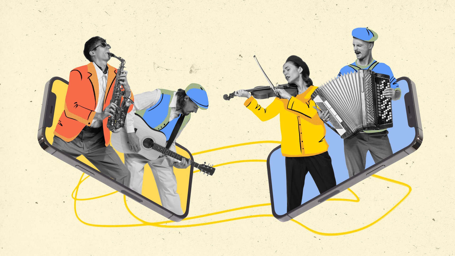 Contemporary art collage. Young people, musicians standing inside smartphones and playing on different instruments.